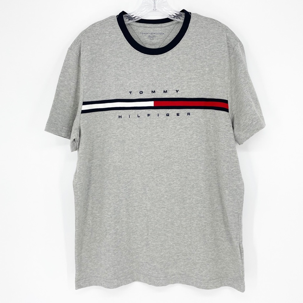 Tommy Hilfiger Spellout Logo Gray Short Sleeve Shirt Size Large